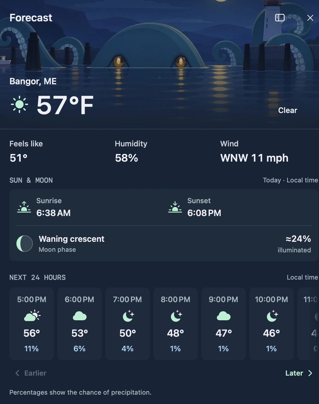 Native Forecast sidebar with Deep Trouble nighttime artwork, current conditions, sun and moon, and the hourly forecast.