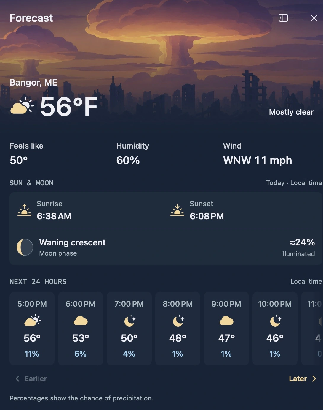 Native Forecast sidebar with Fallout Outlook sunset artwork, current conditions, sun and moon, and the hourly forecast.